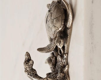 Nickel Silver Sea Turtle Wall Hook Coastal Coat Hook Ocean Decor Nautical Bathroom Beach House Organizer.