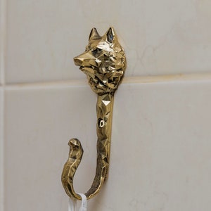 Brass Wolf Wall Hook, Geometric Animal Decor, Modern Coat Hanger.