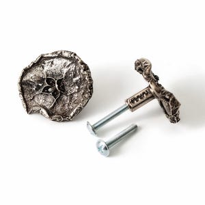 Puede incluir: Dos pomos de metal plateado para armarios con una superficie circular texturizada y orgánica similar a una hoja, con un detalle central de flor de cinco pétalos. Cada pomo incluye un perno metálico largo y roscado con cabeza plana.