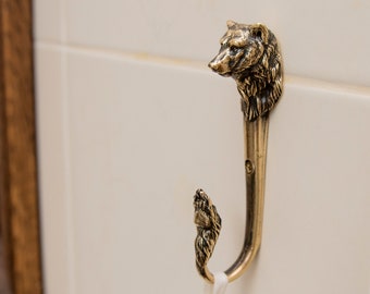 Väggkrok med björnhuvud i mässing, dekorativa krokar, mässingskrok, klädkrok, handdukskrok, väggkrok, väggkrokar i vintagestil, klädhängare, snygg krok