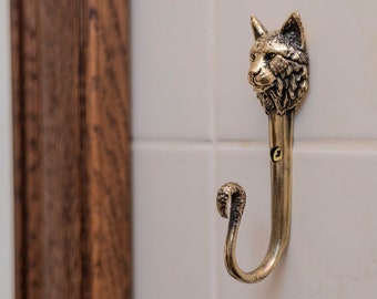 Handgefertigte Massivem Messing Luchs Haken, Dekorative Wanddekoration