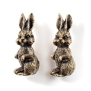 May include: Two identical rabbit-shaped cabinet knobs made of a metallic material with an antique bronze finish. Each knob features a detailed, textured surface depicting a standing rabbit with upright ears, front paws raised, and a focused expression.