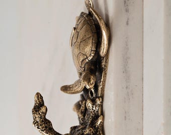 Brass Sea Turtle Wall Hook Coastal Coat Hook Ocean Decor Nautical Bathroom Beach House Organizer.