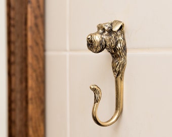 Brass Wall Hook TUTURA in the Shape of a Miniature Schnauzer Dog, sturdy, heavy, and durable.