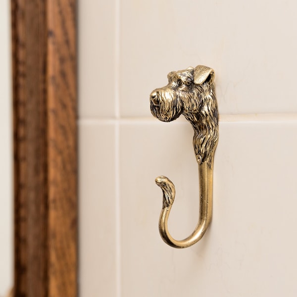 Gancho de pared de latón TUTURA con forma de perro Schnauzer miniatura, resistente, pesado y duradero.