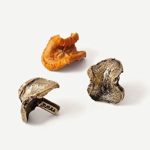 Op de afbeelding: Drie decoratieve objecten, twee zijn van goudmetaal en een is een gedroogde appelschijf. De goudmetalen objecten zijn bladvormig en hebben een getextureerd oppervlak. De gedroogde appelschijf is bruin en heeft een gerimpelde textuur.