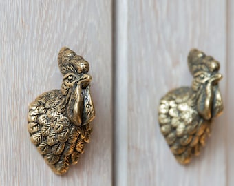 Brass Rooster Cabinet Knob Petrikivka Style Ukrainian Folk Art Furniture Hardware Decor.