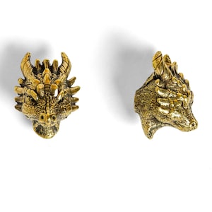 Puede incluir: Dos figuras de cabeza de dragón de latón. Una se ve de frente, la otra de lado. Las cabezas de dragón tienen escamas detalladas, cuernos y una superficie texturizada. Las figuras están sobre un fondo blanco.