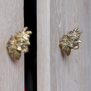 May include: Close-up of two cabinet doors with brass-colored rooster head knobs. The knobs are detailed with a textured finish, and the cabinet doors have a light wood grain appearance. The rooster heads are facing opposite directions.