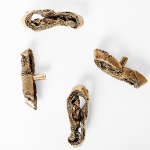 May include: Four bronze-colored cabinet pulls with a textured, organic design. Each pull has a unique shape, with some featuring a small, cylindrical post for mounting. The pulls are arranged against a white background.