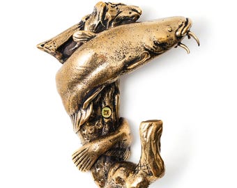 Catfish Wall Hook Solid Brass Fish Hanger Fisherman Decor Rustic Aquatic Hardware Unique Sculpture.