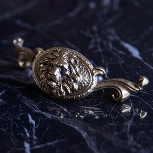 Puede incluir: Un tirador de armario dorado con diseño de cabeza de león. El tirador tiene un centro ovalado con la cara del león y un asa decorativa a cada lado. La ferretería está colocada sobre una superficie oscura, similar al mármol.