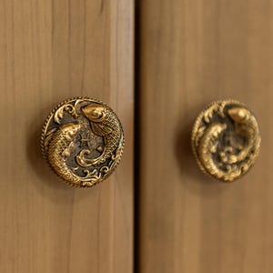 Pode incluir: Dois puxadores de armário de latão antigo com um design de peixes koi. Os puxadores redondos apresentam detalhes intrincados de dois peixes em um padrão circular. Montados em uma porta de armário de madeira marrom claro.