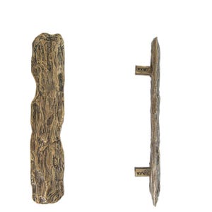 May include: Two bronze-colored door pulls with a textured, bark-like appearance. One is a vertical handle, and the other is a long, rectangular pull with mounting brackets. The hardware has a rustic, natural aesthetic.