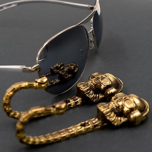 Brass Skull Wall Hook with Beard, Headphones & Glasses – Bold Decorative Hook for Coats, Towels, Keys – Rocker, DJ, Studio Wall Decor