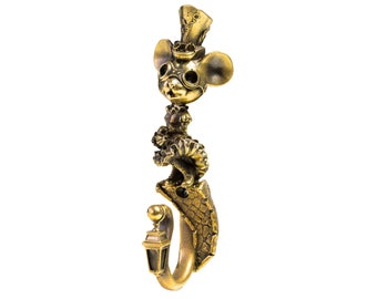 Steampunk Mouse Wall Hook Solid Brass Cartoon Hanger Victorian Decor Fantasy Hardware Whimsical Sculpture