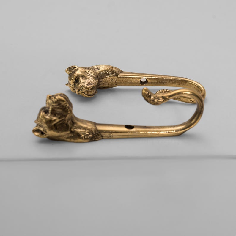 Op de afbeelding: Twee gouden metalen haken in de vorm van hondenkoppen. De haken zijn ontworpen om aan een muur te worden gemonteerd.