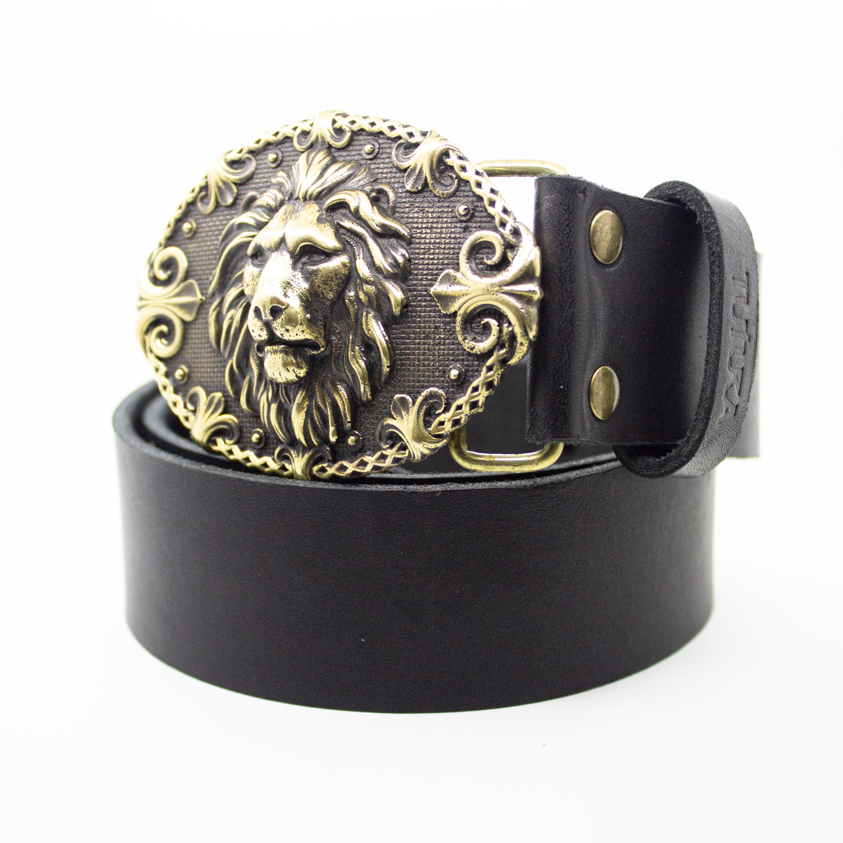 Leather belt Lion King buckle Brass lion head Belt with | Etsy