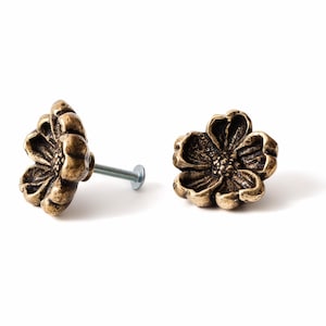 May include: Two flower-shaped cabinet knobs with a metallic bronze finish. One knob is shown from the side, revealing a silver-coloured metal screw and circular base, while the other is viewed from the front, displaying five petals and a textured centre.