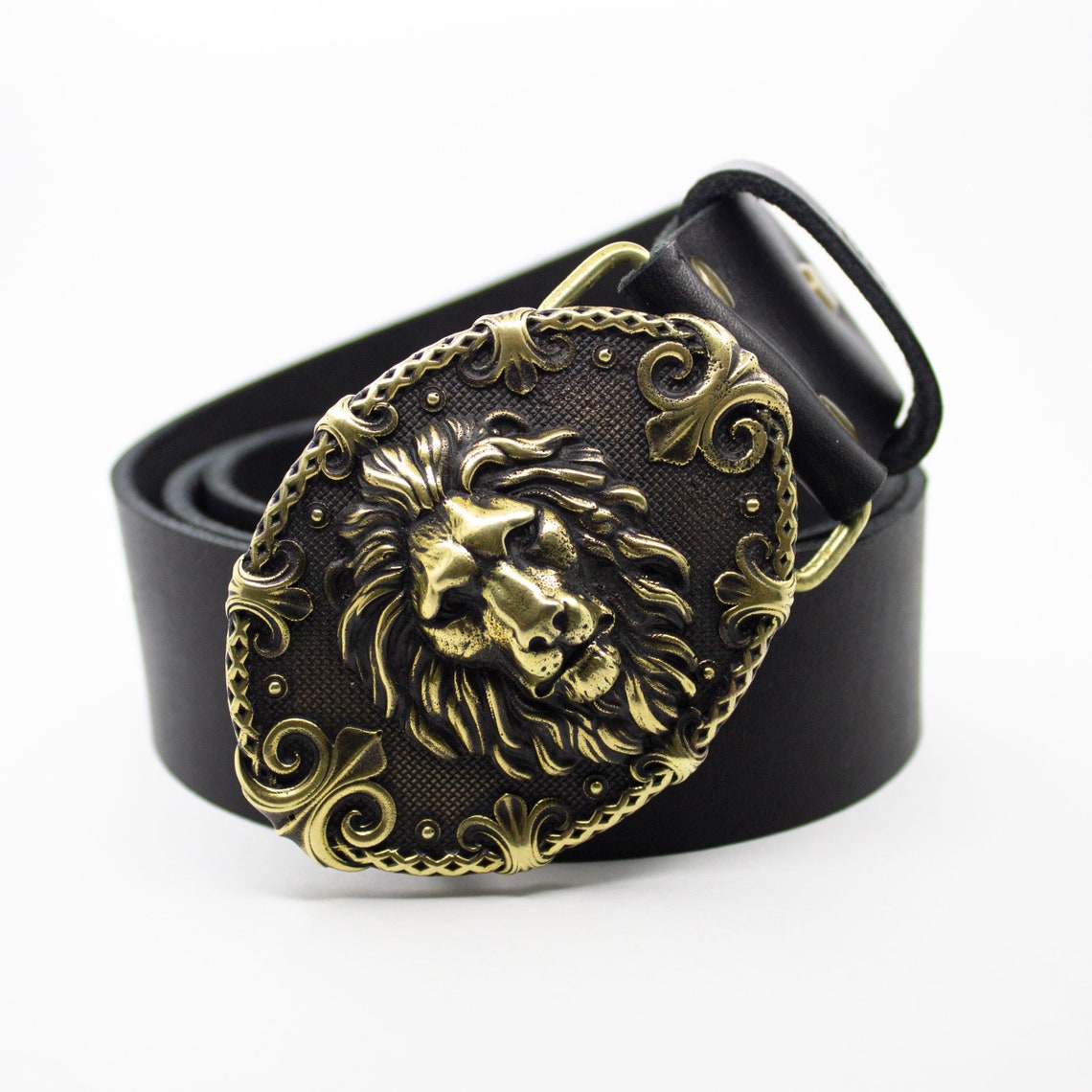 Leather Belt Lion King Buckle Brass Lion Head Belt With Etsy