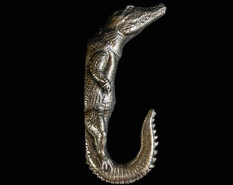 Crocodile Wall Hook – Nickel Silver (German Silver) – Handmade Neusilber Croc Hook – Animal Wall Hanger – Reptile Decor Gift.