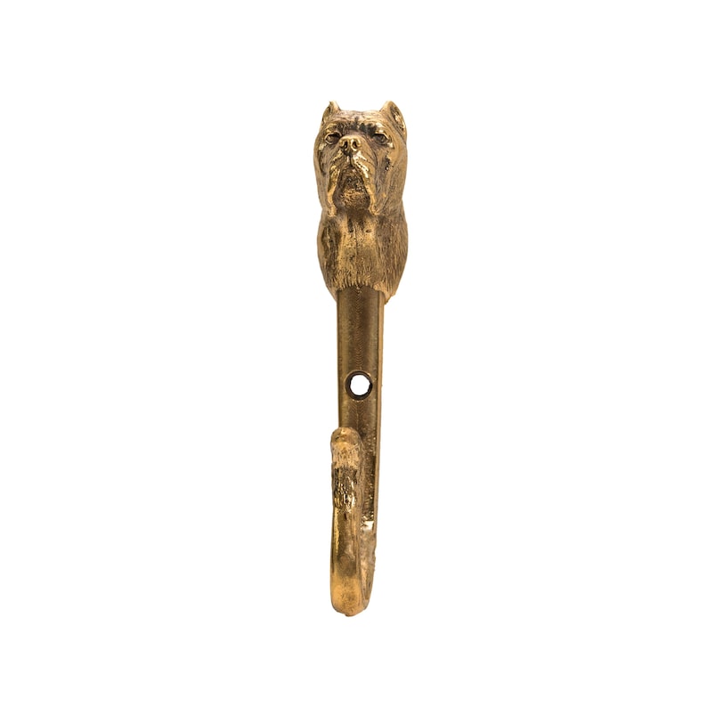 Op de afbeelding: Een gouden metalen haak met een gedetailleerd beeldhouwwerk van een hondenkop aan de bovenkant. De haak is gebogen en heeft een klein gaatje in de buurt van de bovenkant.