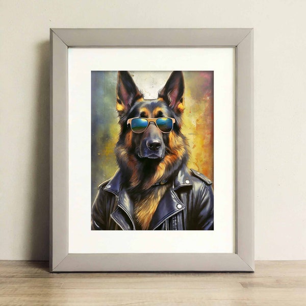 German Shepherd Wearing a Black Leather Jacket, Printable Wall Art, Digital Download