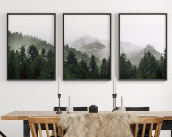 3 Piece Wall Art Nature, Foggy Forest Prints, Tryptic Wall Art, 24x36 Prints, Moody Mountain Print, Pine Forest, Large Triptych Photography