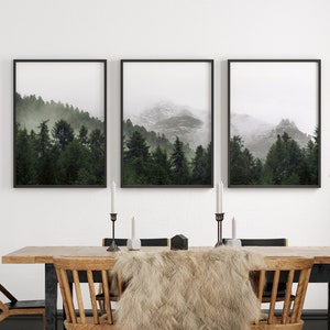 May include: A dining room with a wooden table and chairs, a faux fur throw, and three framed landscape photographs of a misty forest.