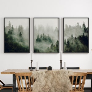 Foggy Forest Print, Triptych Forest, Forest Wall Art, Misty Forest, Moody Forest Print, Set of 3, Fog Forest Print, Printable Wall Art Set