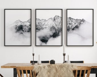 Foggy Mountain Print, Set of 3, Mountain Wall Art Large, Minimalist Landscape Prints, Misty Mountains, Snowy Mountain Wall Art, Printable
