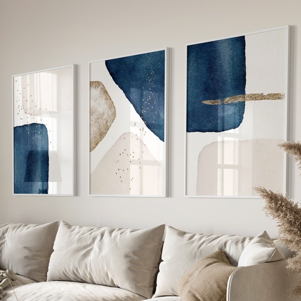 Art mural or marine, ensemble de 3 tirages abstraits, estampes d'art moderne, art mural bleu marine, art mural minimaliste, décor de salon, art imprimable