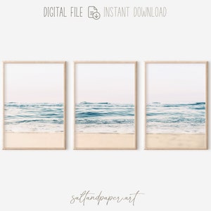 Muted Beach Print, Waves Wall Art, Wave Prints Beаch, 3 Piece Wall Art, Tryptic Wall Art Beach, Ocean Prints Set of 3, Printable Coastal Art