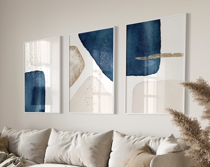 Modern Blue Abstract Wall Art Set of 3 – Navy, Gold Gallery Prints ...