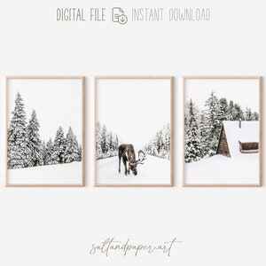 Winter Wonderland Printable Set of 3 Prints, Moose Decor, Downloadable Winter Print, Winter Print Set, Nordic Winter Wall Art