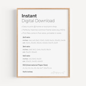 May include: A digital download guide for printing images in various sizes. The guide lists five different aspect ratios, including 2x3, 3x4, and 4x5, with corresponding measurements in inches and centimeters. It also includes standard ISO paper sizes, such as A1, A2, A3, A4, A5, A6, and 5x7 inches, as well as 11x14 inches.