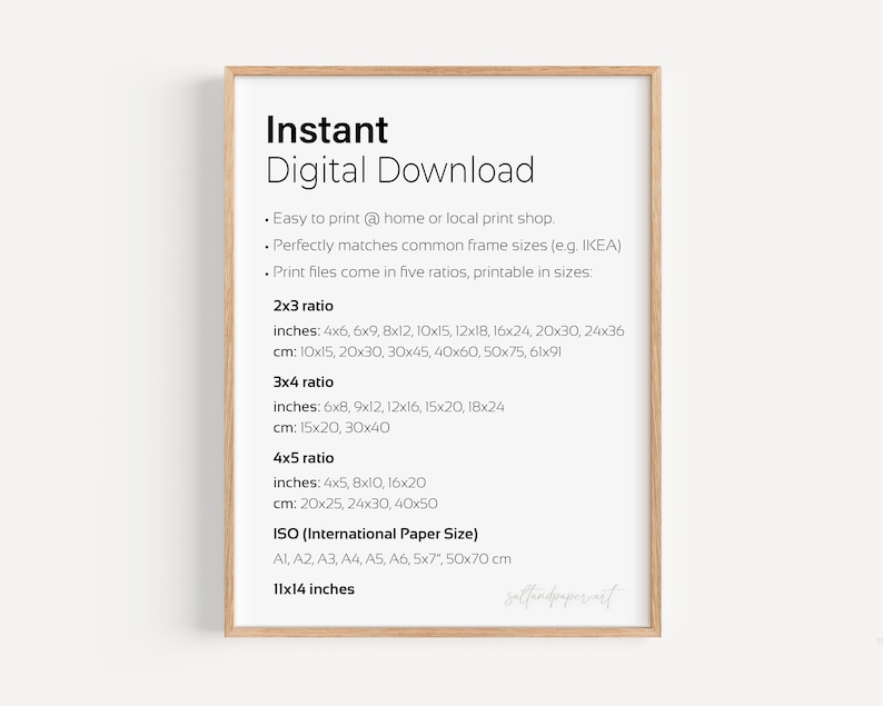 May include: A digital download guide for printing images in various sizes. The guide lists five different aspect ratios, including 2x3, 3x4, and 4x5, with corresponding measurements in inches and centimeters. It also includes standard ISO paper sizes, such as A1, A2, A3, A4, A5, A6, and 5x7 inches, as well as 11x14 inches.