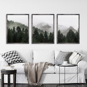 May include: Three framed photographs of a misty forest with mountains in the background. The photos are in black frames with a white mat.