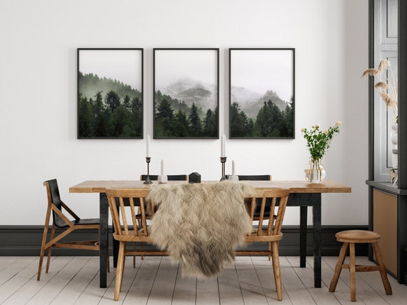 3 Piece Wall Art Nature, Foggy Forest Prints, Tryptic Wall Art, 24x36 Prints, Moody Mountain Print, Pine Forest, Large Triptych Photography