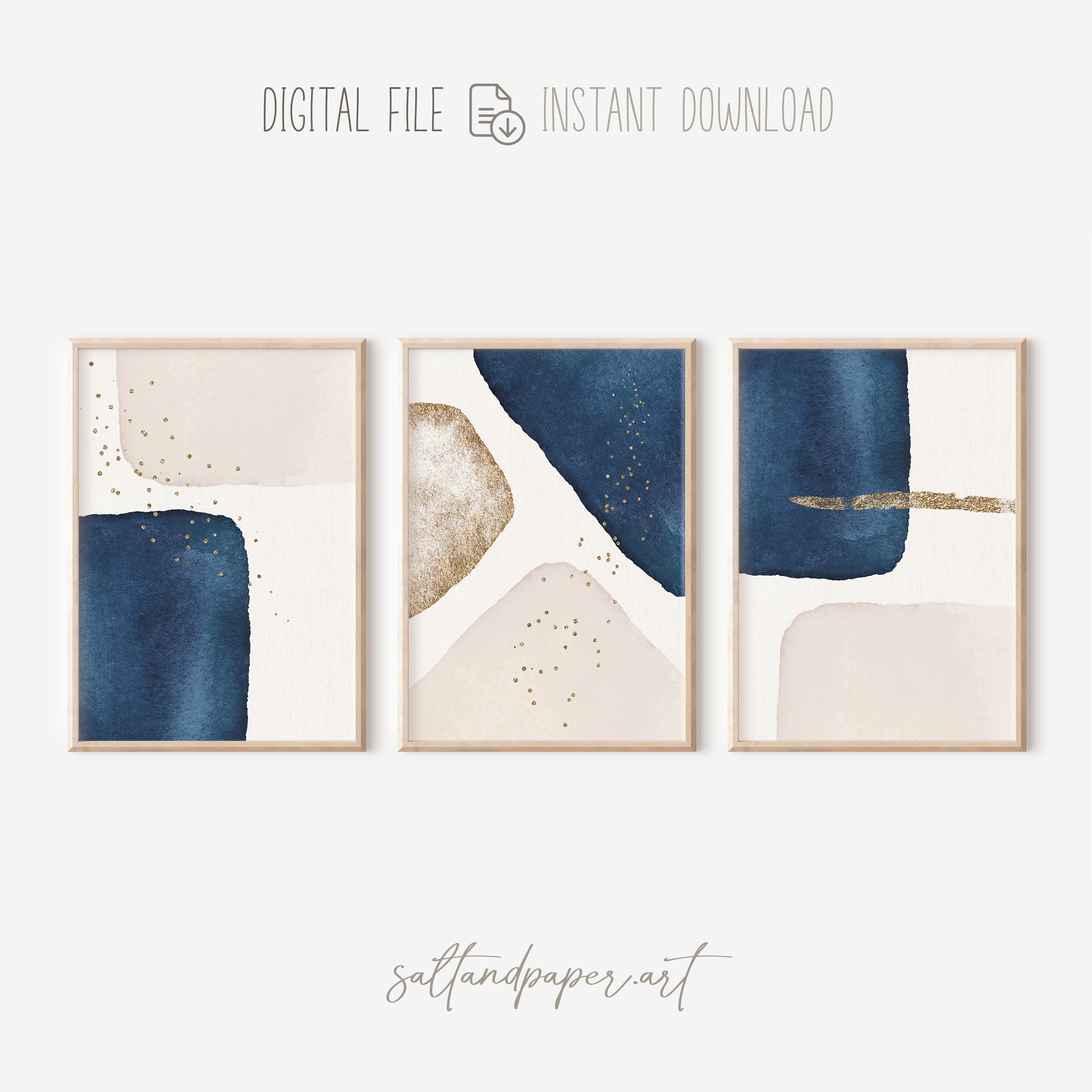 Navy Gold Wall Art Set of 3 Prints Abstract Modern Art Etsy