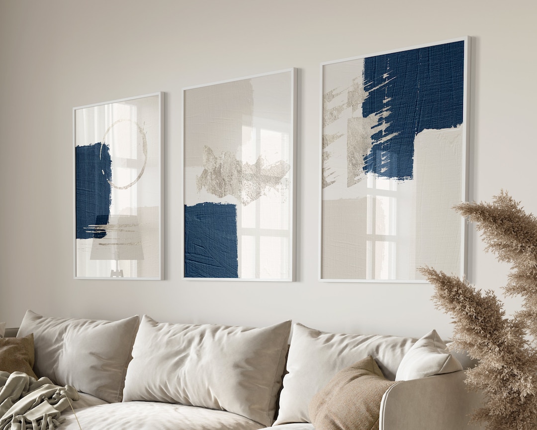 Blue Silver Wall Art, Navy Wall Art, Set of 3 Prints Abstract, Modern