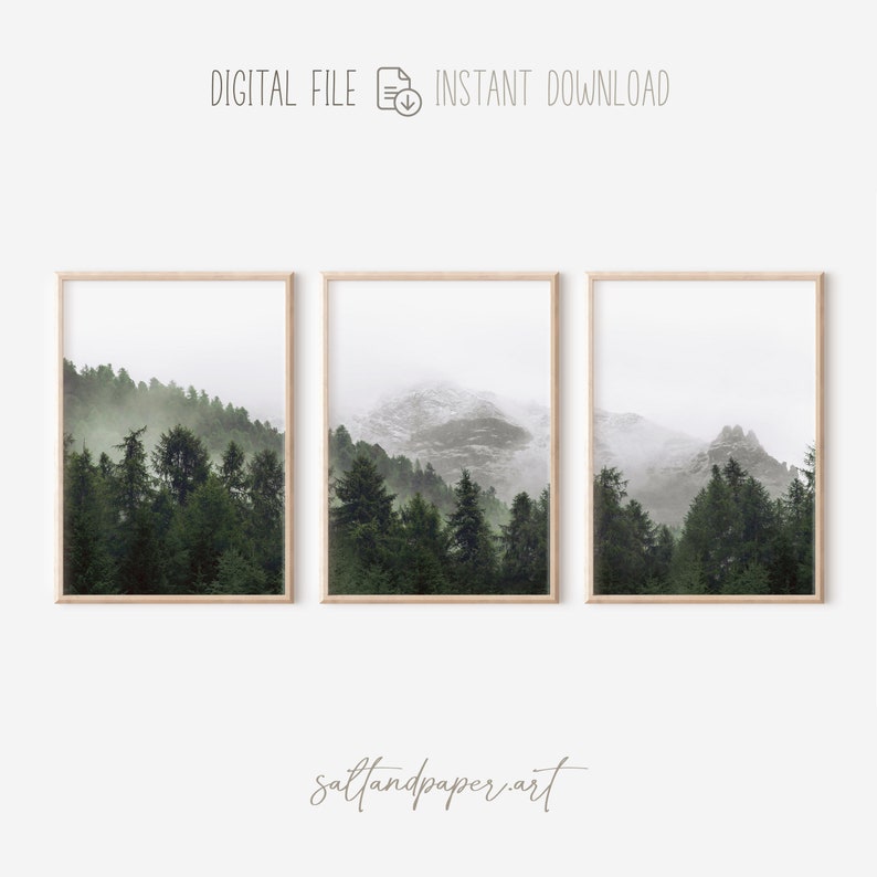 May include: A set of three digital prints featuring a misty forest scene with tall green trees and a mountain range in the background. The prints are framed in a light wood frame.