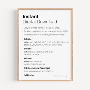 May include: A digital download guide for printing images in various aspect ratios, including 2x3, 3x4, and 4x5. The guide lists common inch and centimeter measurements for each ratio, as well as standard ISO paper sizes.