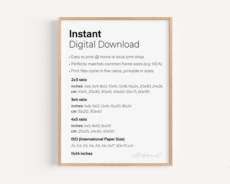 May include: A digital download guide for printing images in various aspect ratios, including 2x3, 3x4, and 4x5. The guide lists common inch and centimeter measurements for each ratio, as well as standard ISO paper sizes.