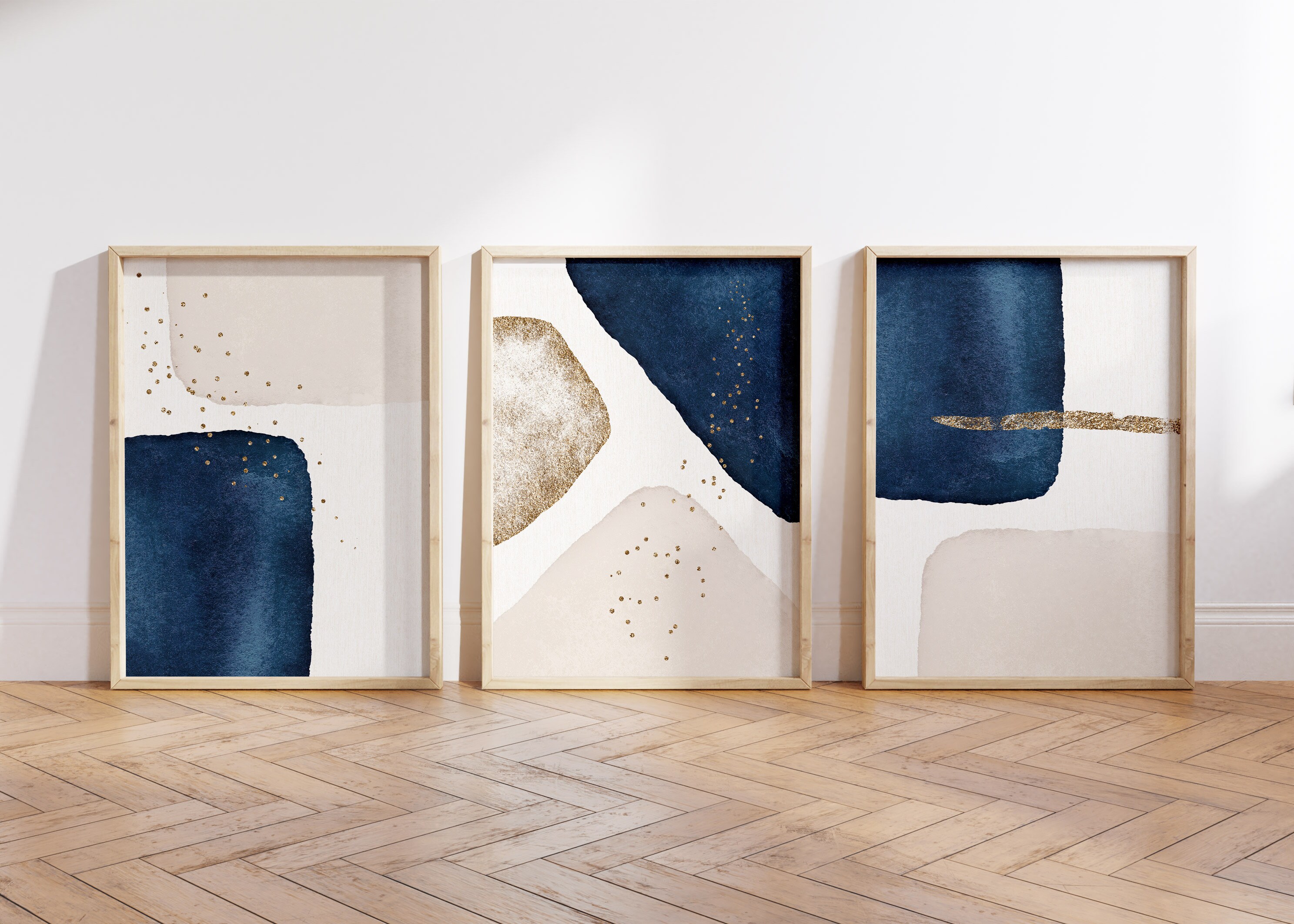 Navy Gold Wall Art Set of 3 Prints Abstract Modern Art Etsy