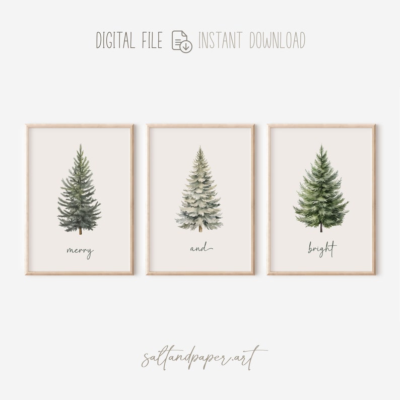 Pode incluir: Tr&ecirc;s aquarelas de pinheiros com as palavras "feliz", "e", e "brilhante" escritas abaixo de cada &aacute;rvore.