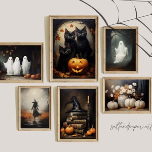 Impresiones espeluznantes de Halloween, Impresión de fantasmas, Impresiones de arte brujo, Vintage Halloween imprimible, Arte de pared de la temporada de Halloween, Conjunto de 6 impresiones, Gatos negros