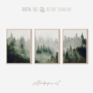 May include: Three digital prints of a misty forest scene with tall evergreen trees. The prints are in a light wood frame and are arranged in a row.