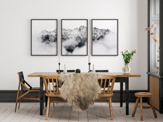 Foggy Mountain Print, Set of 3, Mountain Wall Art Large, Minimalist Landscape Prints, Misty Mountains, Snowy Mountain Wall Art, Printable
