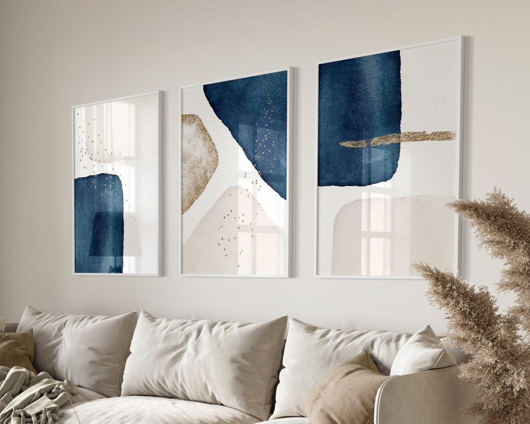 Navy Gold Wall Art, Set of 3 Prints Abstract, Modern Art Prints, Navy